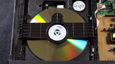 Açık bir DVD oynatıcı, çeşitli açılardan görülen disk yükleme ve boşaltma hareketleri ile dahili bileşenlerini ve devrelerini gösterir. Bu resim ev eğlence sistemlerinin teknolojisini ve tasarımını vurgular.