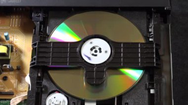 Açık bir DVD oynatıcı, çeşitli açılardan görülen disk yükleme ve boşaltma hareketleri ile dahili bileşenlerini ve devrelerini gösterir. Bu resim ev eğlence sistemlerinin teknolojisini ve tasarımını vurgular.