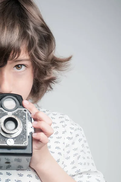 Boy White Shirt Blue Details Taking Pictures Antique Camera — Stock Photo, Image