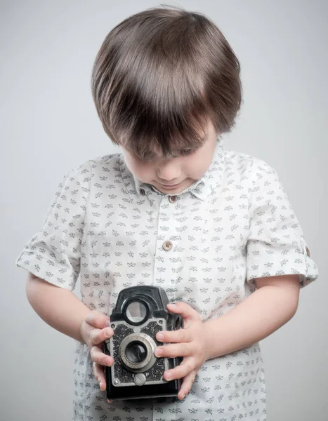 Boy White Shirt Blue Details Taking Pictures Antique Camera — Stock Photo, Image