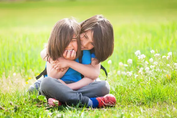 Brother hugs little brother in the middle of a meadow on a sunny