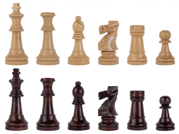 Beyaz arkaplanda siyah beyaz satranç taşları. 