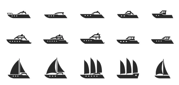 Набор Иконок Моторных Парусных Яхт Лодок Суда Морского Туризма Путешествий — стоковый вектор