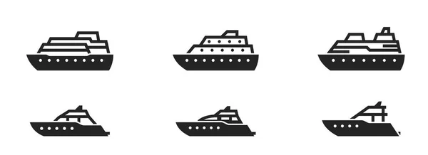 Statek Wycieczkowy Zestaw Ikon Jachtów Symbole Podróży Morskich Wakacji Rejsu — Wektor stockowy