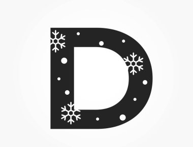 Kar taneli ve karlı D harfi. Noel için yaratıcı unsur, yeni yıl ve kış tasarımı. izole vektör resmi