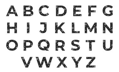 Kar taneli ve karlı ilk harfler. Noel, yeni yıl ve kış alfabe tasarımı. izole vektör resmi