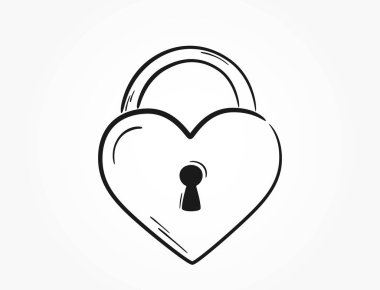 El çizimi kalp kilidi ikonu. Yarım yamalak sevgililer günü ve aşk sembolü. Sevgililer Günü tasarımı için vektör ögesi