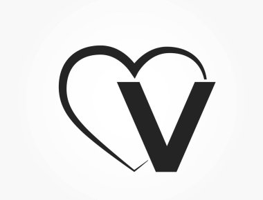 V harfi ve kalp. Sevgililer Günü tasarımı için tipografi öğesi. Romantik ve aşk sembolü. basit biçimdeki izole vektör resmi