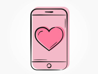 Kalbi olan pembe bir telefon. Romantik ve aşk mesajı sembolü. El çizimi Sevgililer Günü tasarımı. vektör resmi