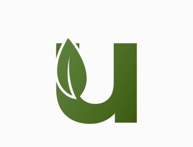 Yapraklı U harfi. Yaratıcı eko logosu. Doğa ve çevre tasarım elementi. basit biçimdeki izole vektör resmi
