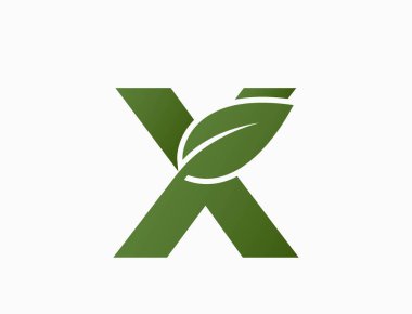 Yapraklı küçük X harfi. Eko alfabesi logosu. Doğa ve çevre tasarım elementi. basit biçimdeki izole vektör resmi