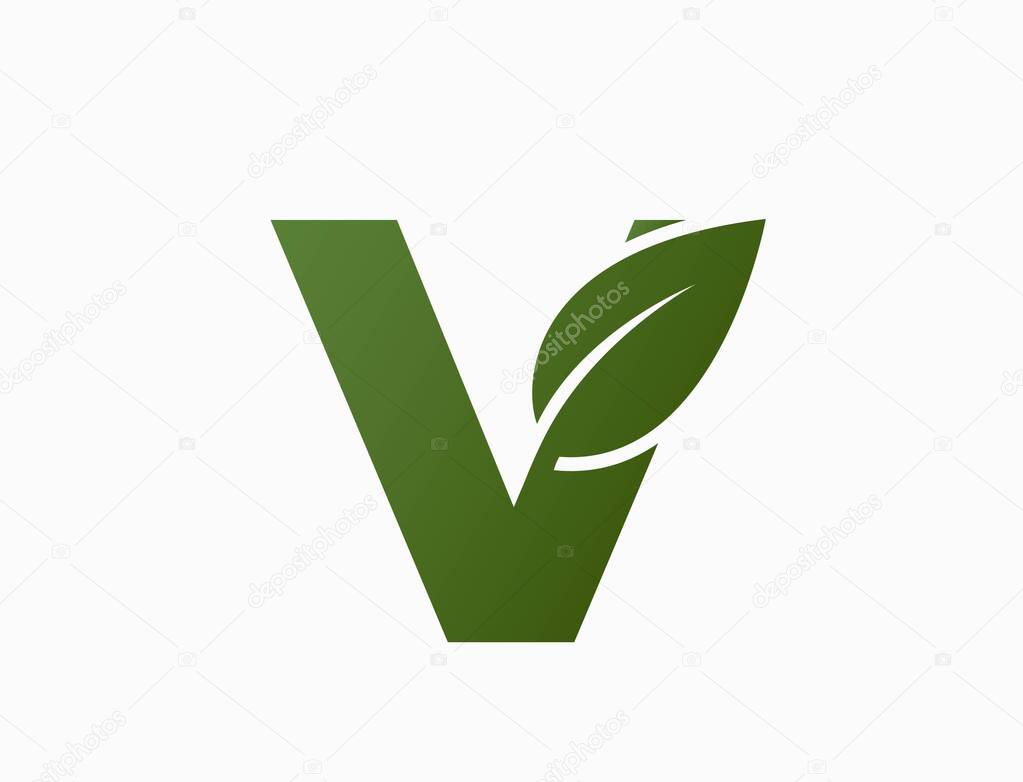 Small letter v with leaf. creative alphabet logotype. nature and environment design element. isolated vector image in simple style
