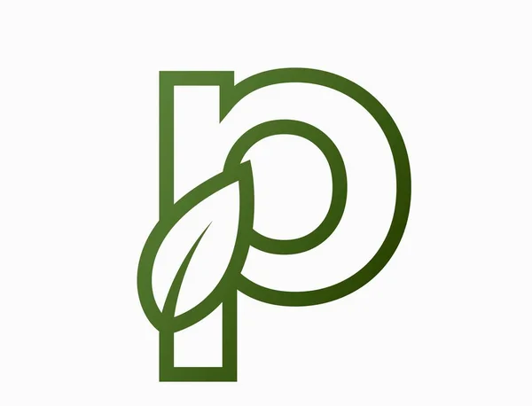 葉のついた小さな線状のP アルファベット ロゴタイプ 環境に配慮したシンボルです 単純な形で分離されたベクトル画像 — ストックベクタ