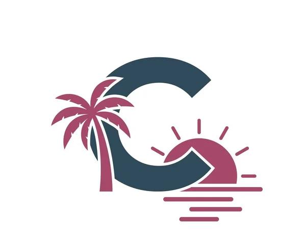 Bokstaven Med Palm Och Solnedgång Semester Alfabet Logotyp Symbol Sommar — Stock vektor