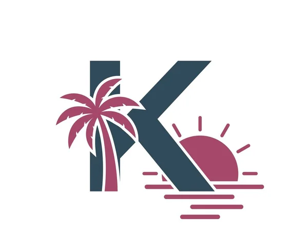 Harfi Palmiye Ağacı Günbatımı Yaratıcı Tatil Alfabesi Logosu Yaz Egzotik — Stok Vektör