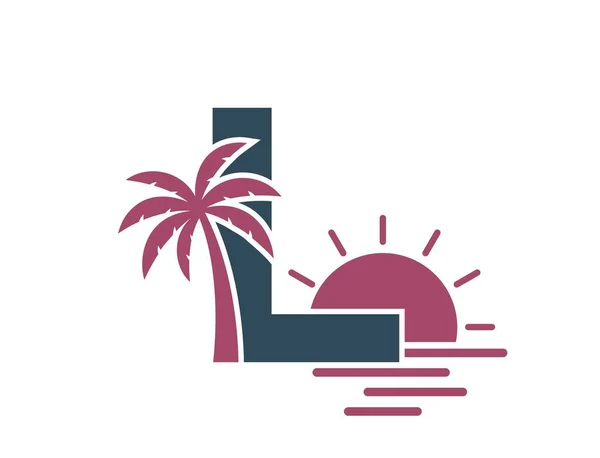 Letra Com Palmeira Pôr Sol Férias Criativas Logotipo Alfabeto Resort —  Vetores de Stock