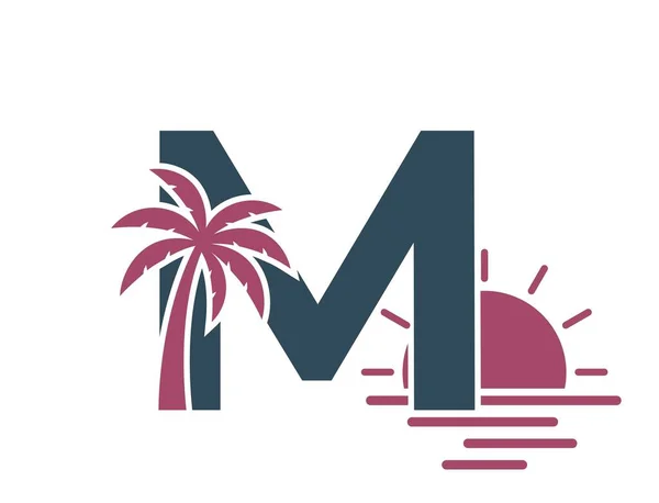 Letra Com Palmeira Pôr Sol Logotipo Texto Férias Resort Verão —  Vetores de Stock