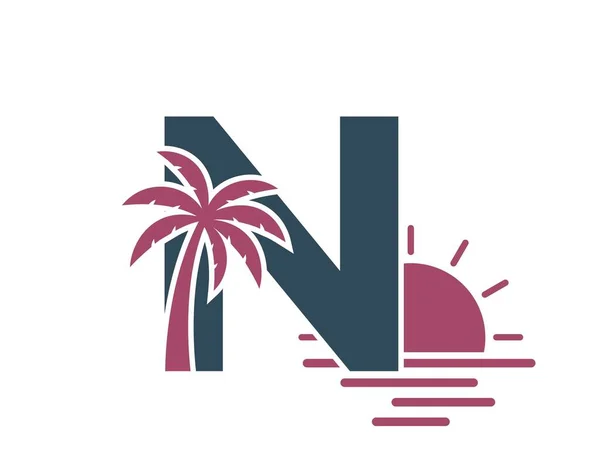 Lettre Avec Palmier Mer Soleil Logo Alphabet Vacances Été Design — Image vectorielle