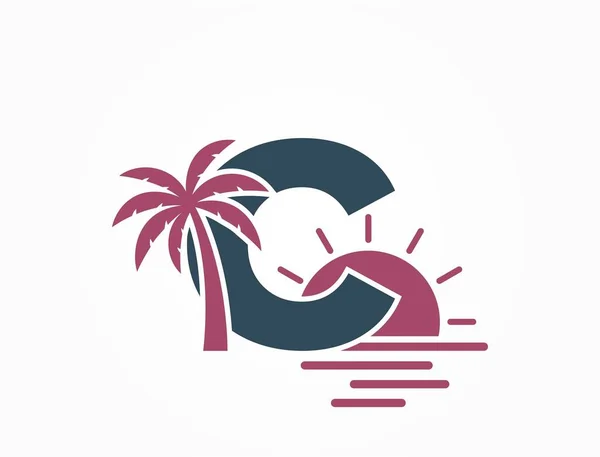 Lettre Minuscule Avec Soleil Mer Palmier Symbole Logo Alphabet Vacances — Image vectorielle