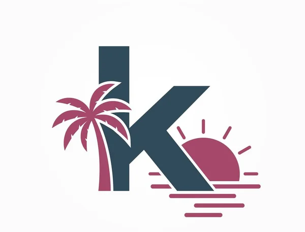 Güneş Deniz Palmiye Ağaçlı Küçük Harf Yaratıcı Tatil Alfabesi Logosu — Stok Vektör