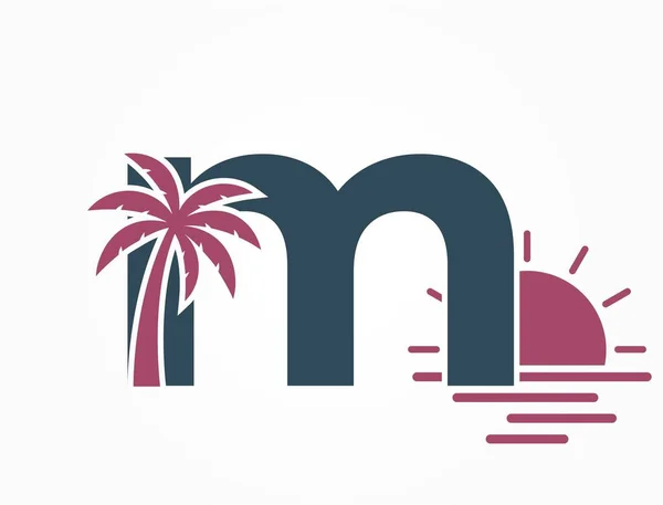 Letra Minúscula Com Sol Mar Palmeira Logotipo Texto Férias Resort —  Vetores de Stock
