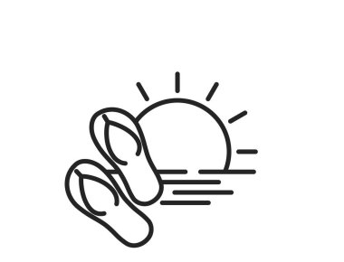 Yaz plajı tatil hattı ikonu. Parmak arası terlikler, deniz ve güneş. Turizm tasarımı için izole vektör görüntüsü