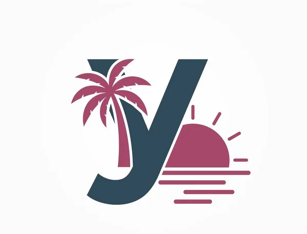 Lowercase Letter Sun Sea Palm Tree Creative Vacation Resort Alphabet — Stock Vector