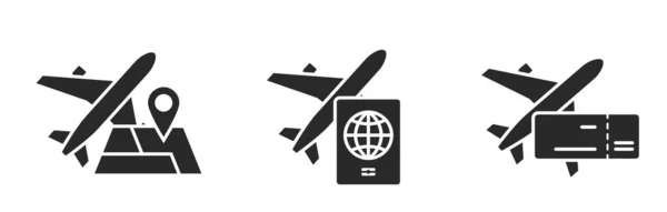 Ícone Viagem Aérea Definido Avião Mapa Passaporte Bilhete Avião Imagens — Vetor de Stock
