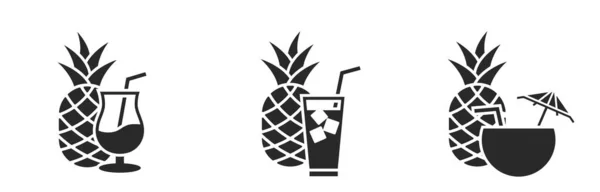 Zomer Frisdrank Strand Drank Pictogrammen Cocktail Ananas Symbolen Geïsoleerd Vectorbeeld — Stockvector