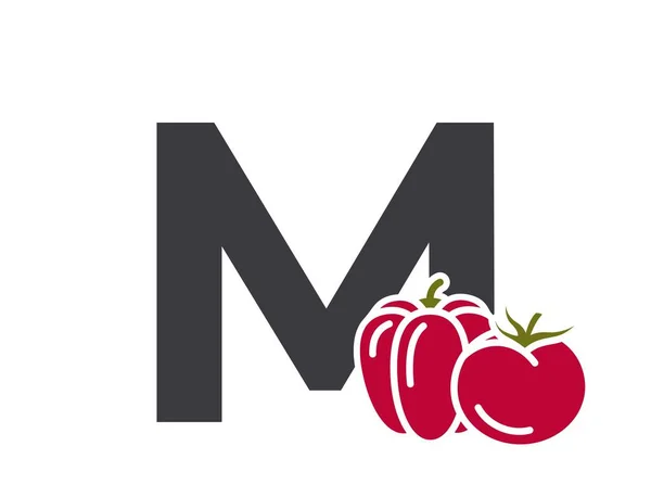 Letra Com Tomate Pimentão Logotipo Texto Comida Vegetal Orgânica Colheita —  Vetores de Stock