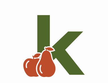 Armut ve elmalı küçük K harfi. Yaratıcı meyve alfabesi logosu. hasat ve bahçe tasarımı. izole vektör resmi