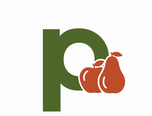 りんごと梨の小文字P 果物のアルファベットのロゴマーク 収穫と園芸のデザインです 分離ベクトルカラー画像 — ストックベクタ
