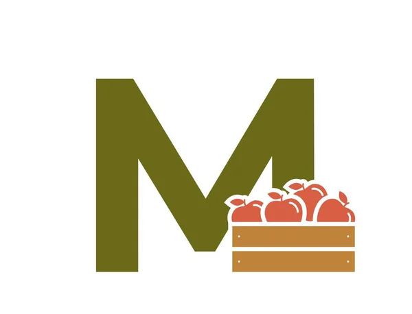 Letra Com Caixa Maçã Logotipo Texto Frutas Alimentos Orgânicos Colheita —  Vetores de Stock