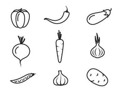 Sebze çizgisi simgesi. Patlıcan, dolmalık biber, acı biber, havuç, pancar, soğan, sarımsak, patates ve bezelye. organik gıda ve tarım vektörü görüntüleri