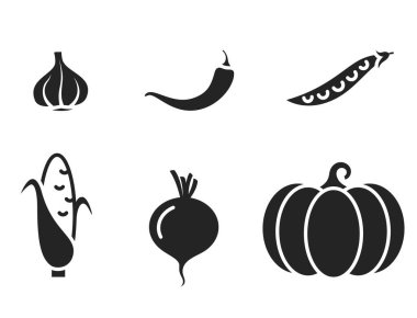 Sebze ikonu. Sarımsak, acı biber, bezelye, pancar, balkabağı ve mısır. hasat, tarım ve organik gıda sembolleri. izole vektör resmi