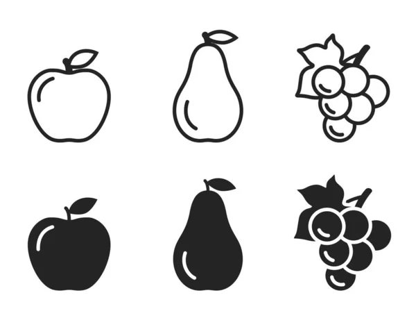 Ikony Jablek Hrušek Hroznů Ovoce Symboly Organických Potravin Izolované Vektorové — Stockový vektor