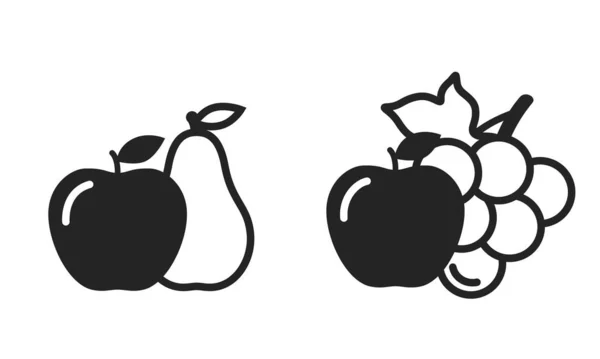 Ikony Jablek Hrušek Hroznů Ovoce Zahradničení Symboly Ekologických Potravin Izolované — Stockový vektor