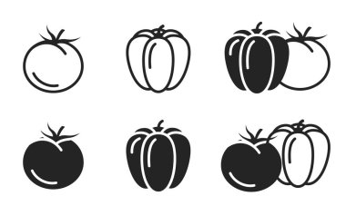 Domates ve dolmalık biber seti. sebze, tarım, organik gıda ve tarım sembolleri. izole vektör resimleri