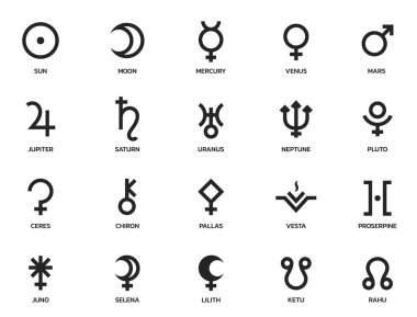 Astroloji sembolü seti. Gezegen ve asteroit sembolü. Astronomi ve burç işareti. basit biçimdeki izole vektör resmi