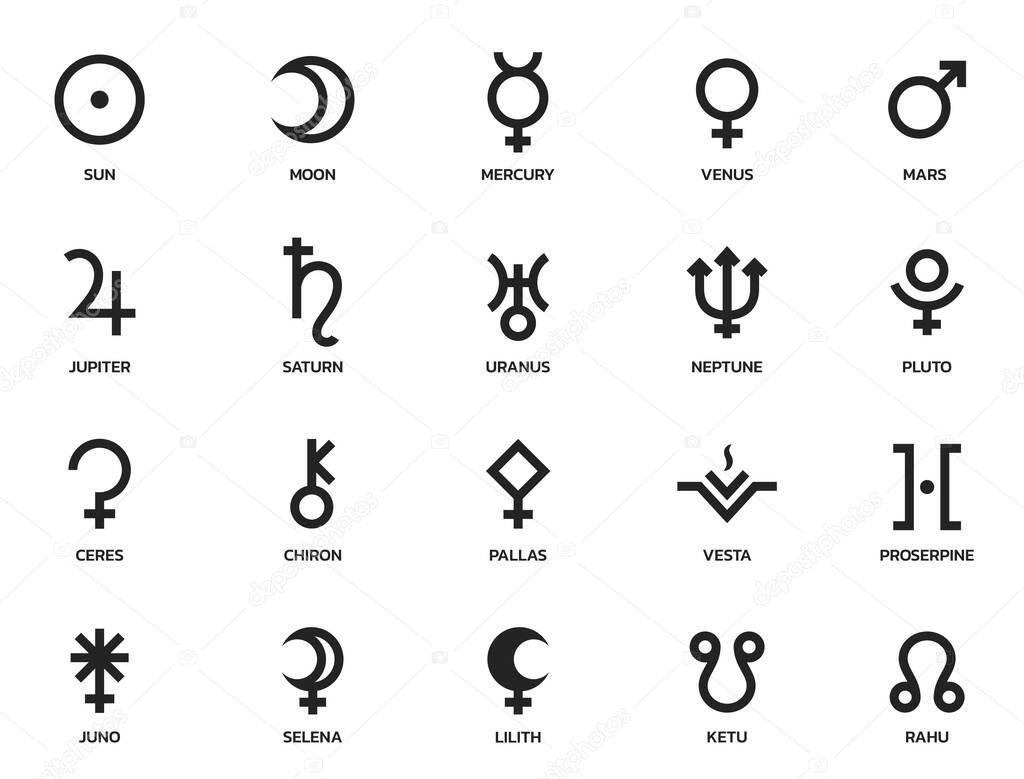 Astrology symbol set. planet and asteroid symbol. astronomy and horoscope sign. isolated vector image in simple style