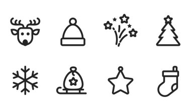Kış tatili ikonu seti. Geyik, havai fişek, kızak, kış şapkası, Noel çorabı, yıldız, Noel ağacı ve kar tanesi. Kış tasarımı için vektör resimleri