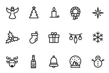 Noel çizgisi simgesi seti. Kış, Noel ve yeni yıl tatil tasarımı için izole edilmiş vektör görüntüsü