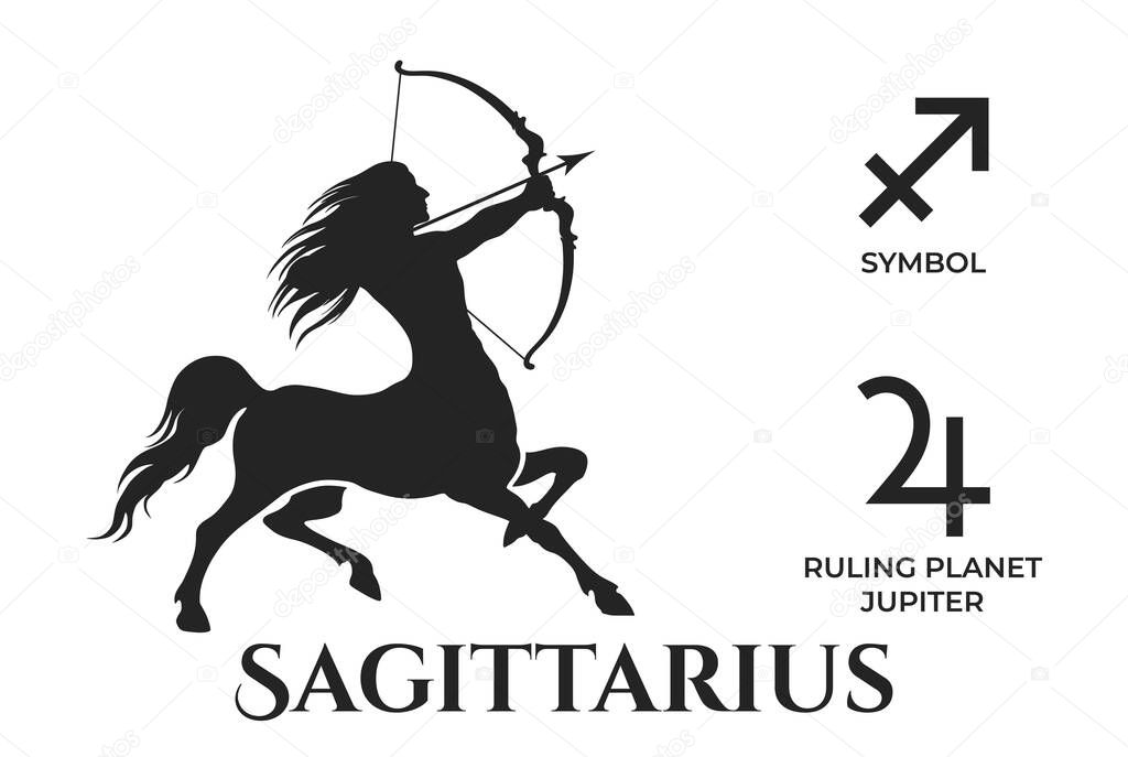 Sagittarius zodiac sign. jupiter ruling planet symbol. horoscope and astrology icons. isolated vector image