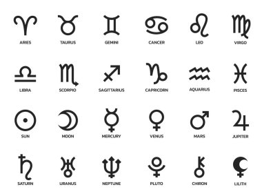 Astroloji sembolü seti. Zodyak işaretleri ve gezegen sembolleri. Astronomi ve burç işareti. izole vektör resmi