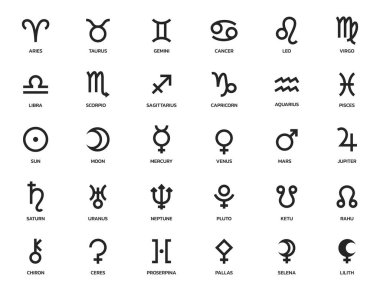 Astroloji sembolü seti. Zodiac işaretleri, gezegen ve asteroit sembolleri. Astronomi ve burç ikonu. izole vektör resmi