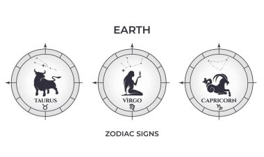 earth element zodiac signs. taurus, virgo and capricorn. astrology and horoscope symbol clipart
