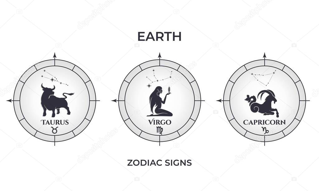 Earth element zodiac signs. taurus, virgo and capricorn. astrology and horoscope symbol