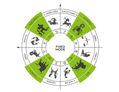 Zodyak çarkının sabit modu. Boğa, aslan, akrep ve akvaryum. Burç işaretleri, yöntemler ve astroloji sembolleri. vektör illüstrasyonu