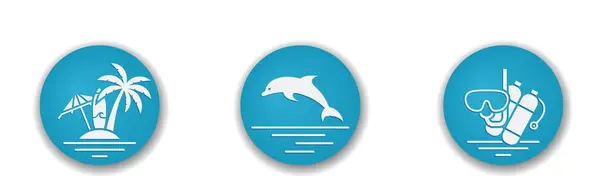 Морской Отдых Круглые Иконы Водолазная Маска Дельфин Зонтик Доска Серфинга Стоковая Иллюстрация