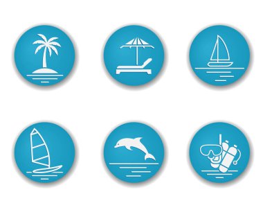 Yaz tatili ikonu seti. Deniz, sahil ve palmiye. Turizm tasarımı için vektör rengi çizimleri